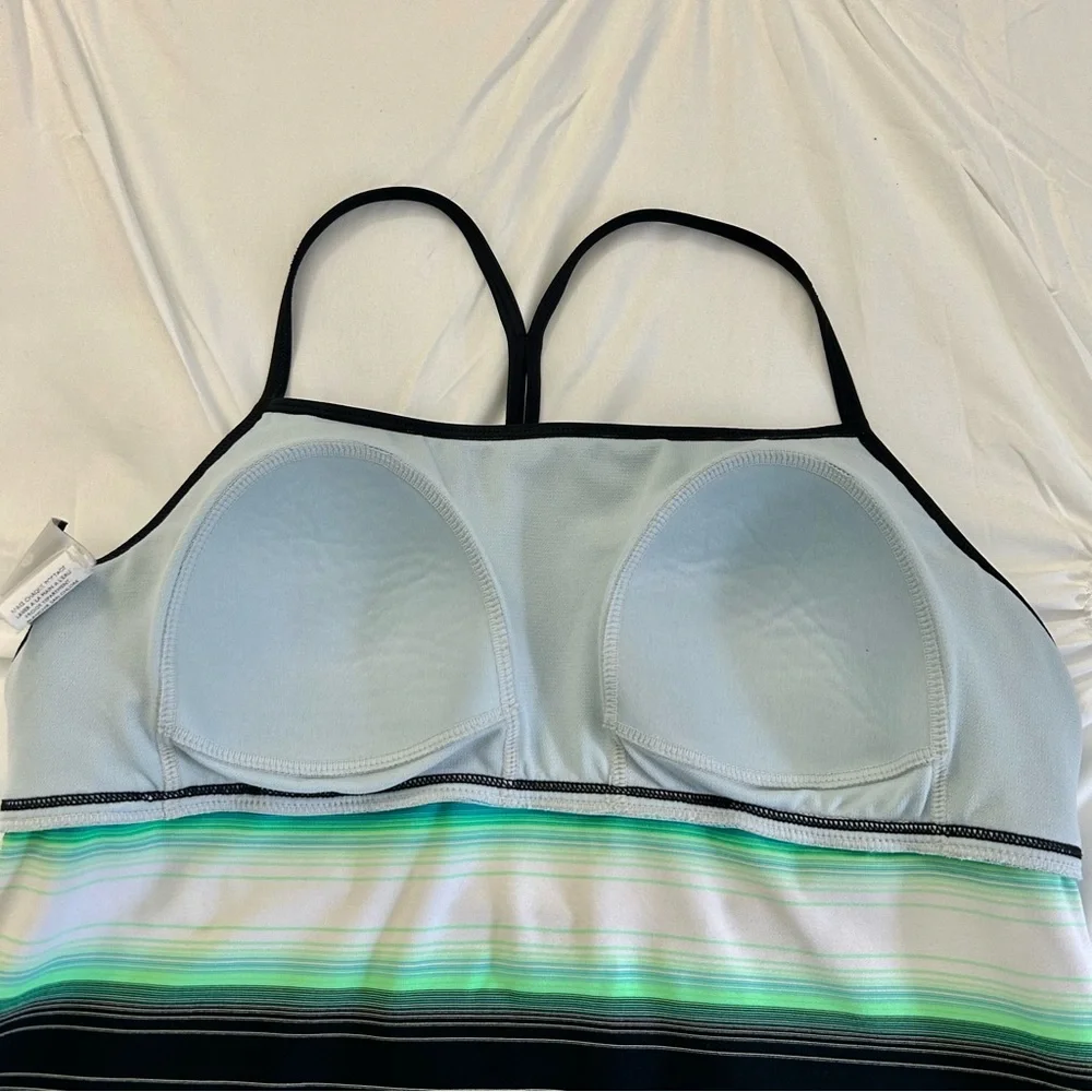 Nike Green, Blue & Black Stripe Criss Cross Back Built in Bra Tankini Sz 12
